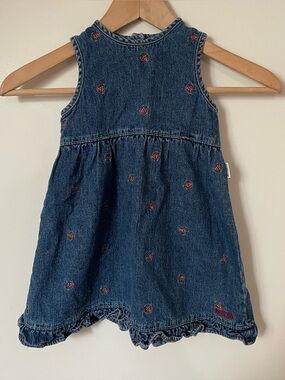 Vintage 90s OshKosh Bgosh Baby Denim Strawberry Embroidered Ruffle Dress 24m